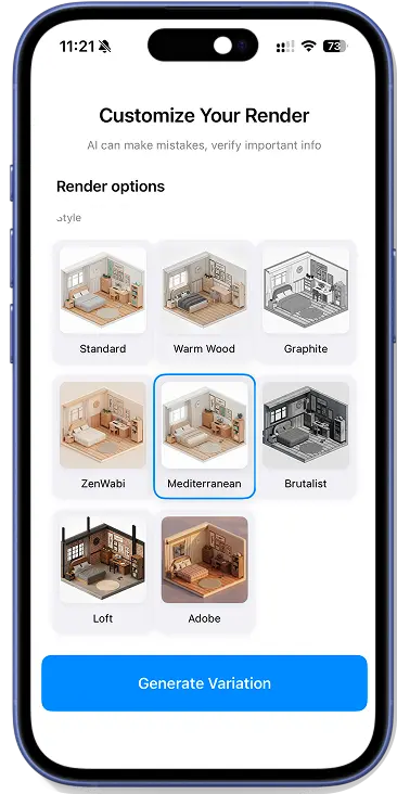 Customize render styles like Standard, Mediterranean, Loft in the app